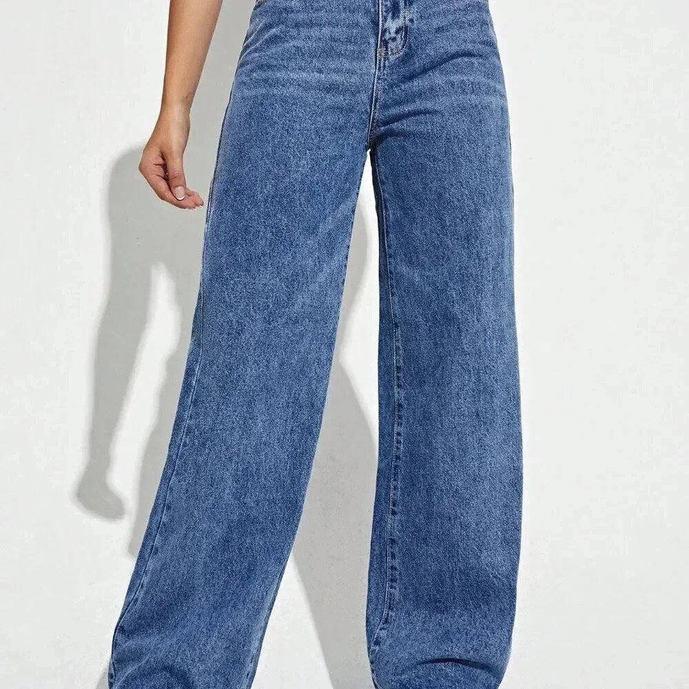 Dark Wash Casual Women's High Waist Wide Leg Jeans - Picture 6 of 6